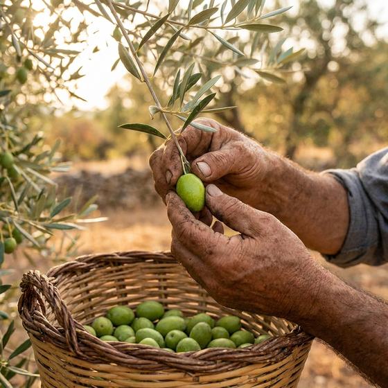 Χέρια που μαζεύουν πράσινη ελιά Χαλκιδικής μία-μία σε ψάθινο καλάθι